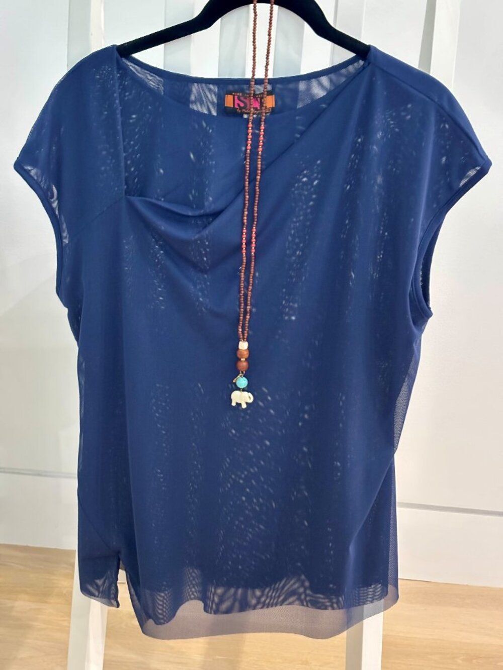 ISLE by Melis Kargin Sheer Mesh Top Navy Blue Draped Neck NWT Large